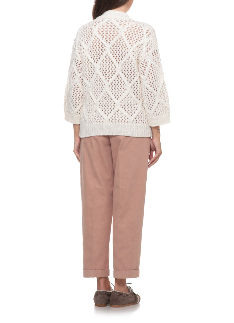 Peserico Perforated White Sweater With Beaded Details And Ribbed Finishing