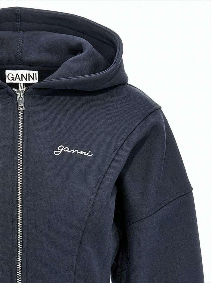 Ganni Fitted Blue Organic Cotton Hoodie With Structured Seam Detailing