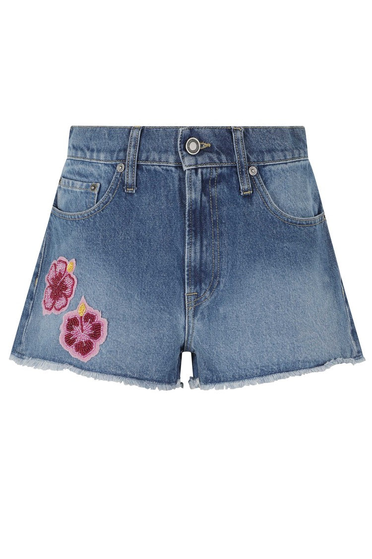 Mc2 Saint Barth Blue Musa Beaded Embroidered Cotton Denim Shorts