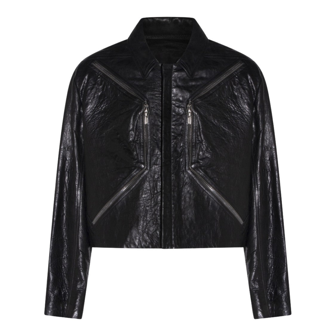 Rick Owens Cropped Black Leather Jacket With Zippered Pockets