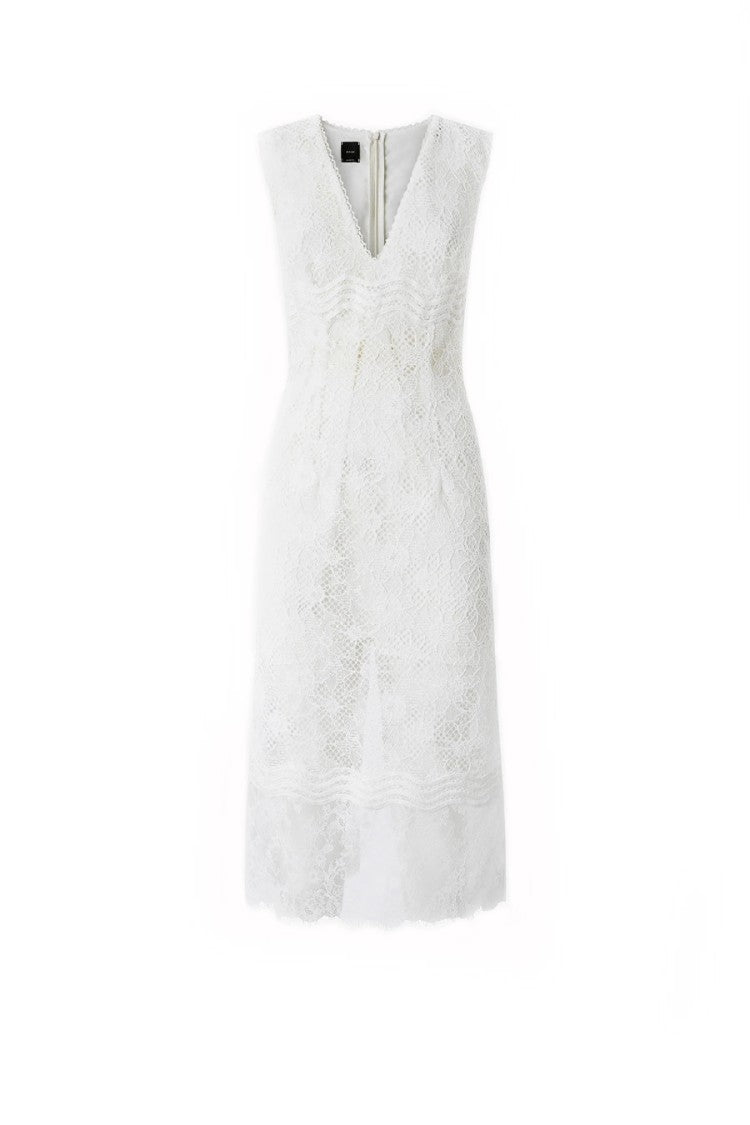 Pinko White Audrey Sleeveless V-Neck Zip Front Lace Midi Dress