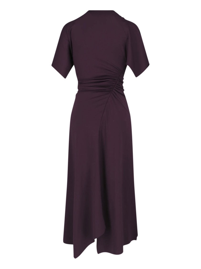 Victoria Beckham Burgundy Midi Dress With Ruched Asymmetrical Detailing