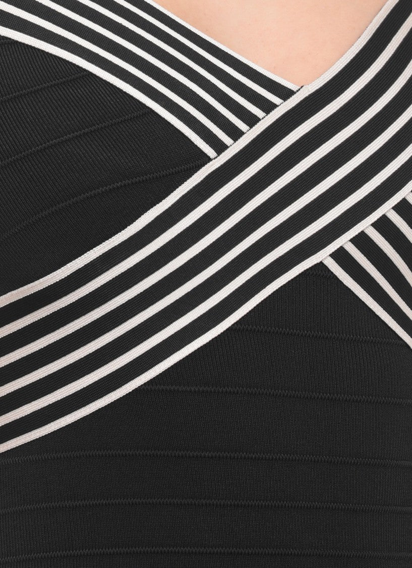 Elisabetta Franchi Black V-Neck Midi Dress With Striped Accents