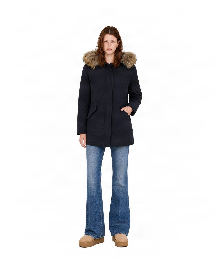 Woolrich Mid-Length Parka With Plush Fur Trim And Zip Closure