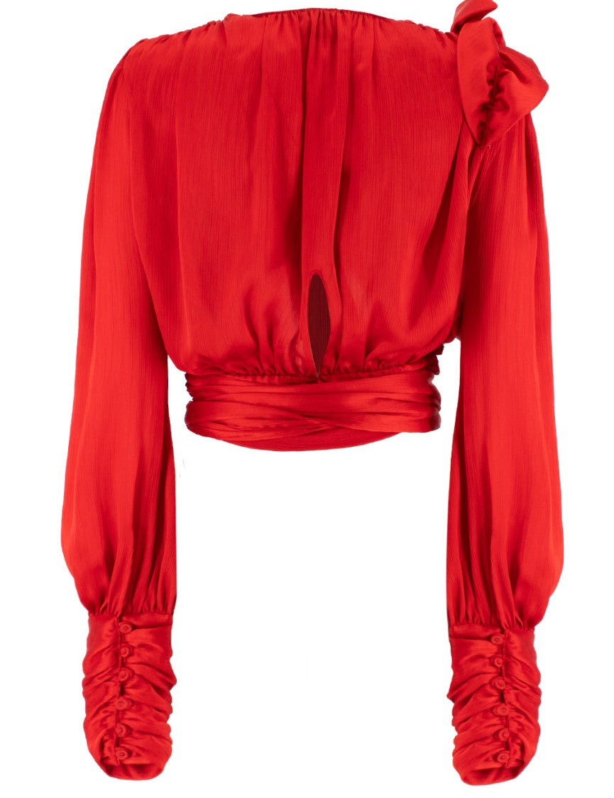 Pinko Cropped Blouse With Ruched Texture And Floral Appliqué