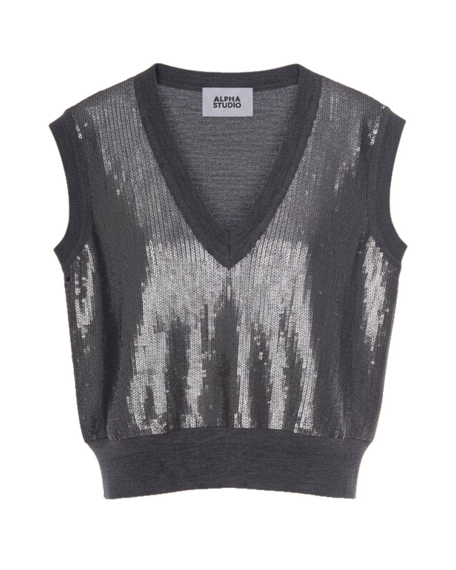Alpha Studio Grey Sequined Sleeveless Sweater