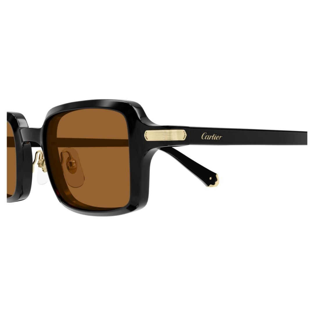 Cartier Glossy Black Rectangular Sunglasses With Brown-Tinted Lenses