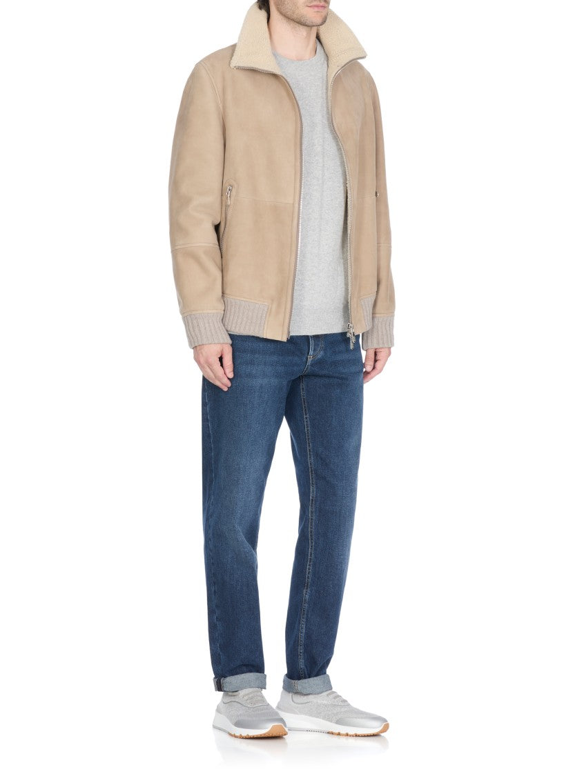 Brunello Cucinelli Beige Leather Bomber Jacket
