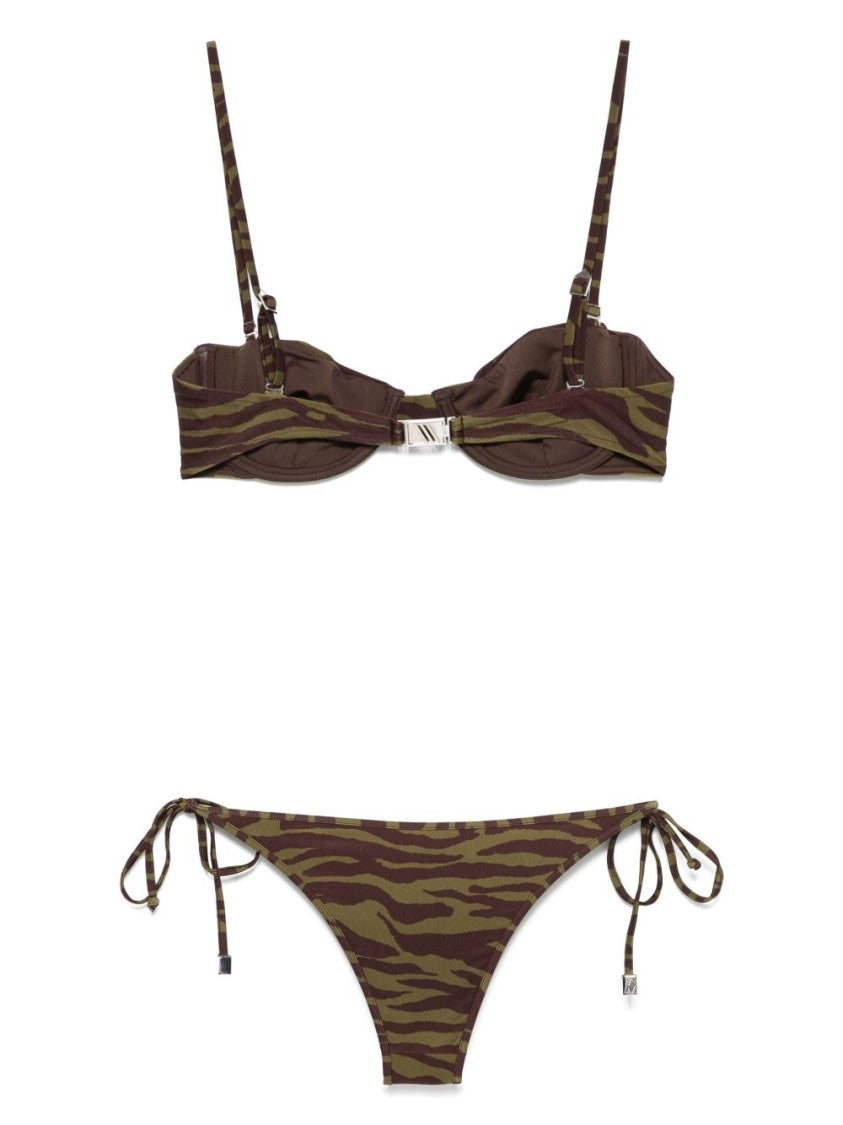 The Attico Tiger Stripe Bikini In Green And Brown