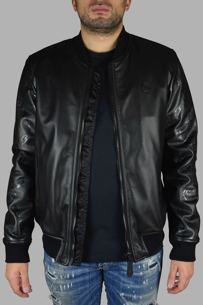 Philipp Plein Black Leather Bomber Jacket