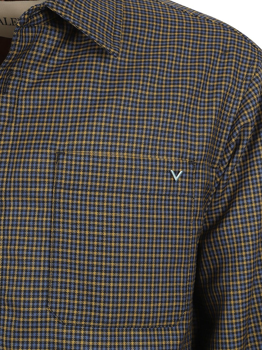 Valentino Garavani Checkered Brown Wool Coat With Long Sleeves And Chest Pocket