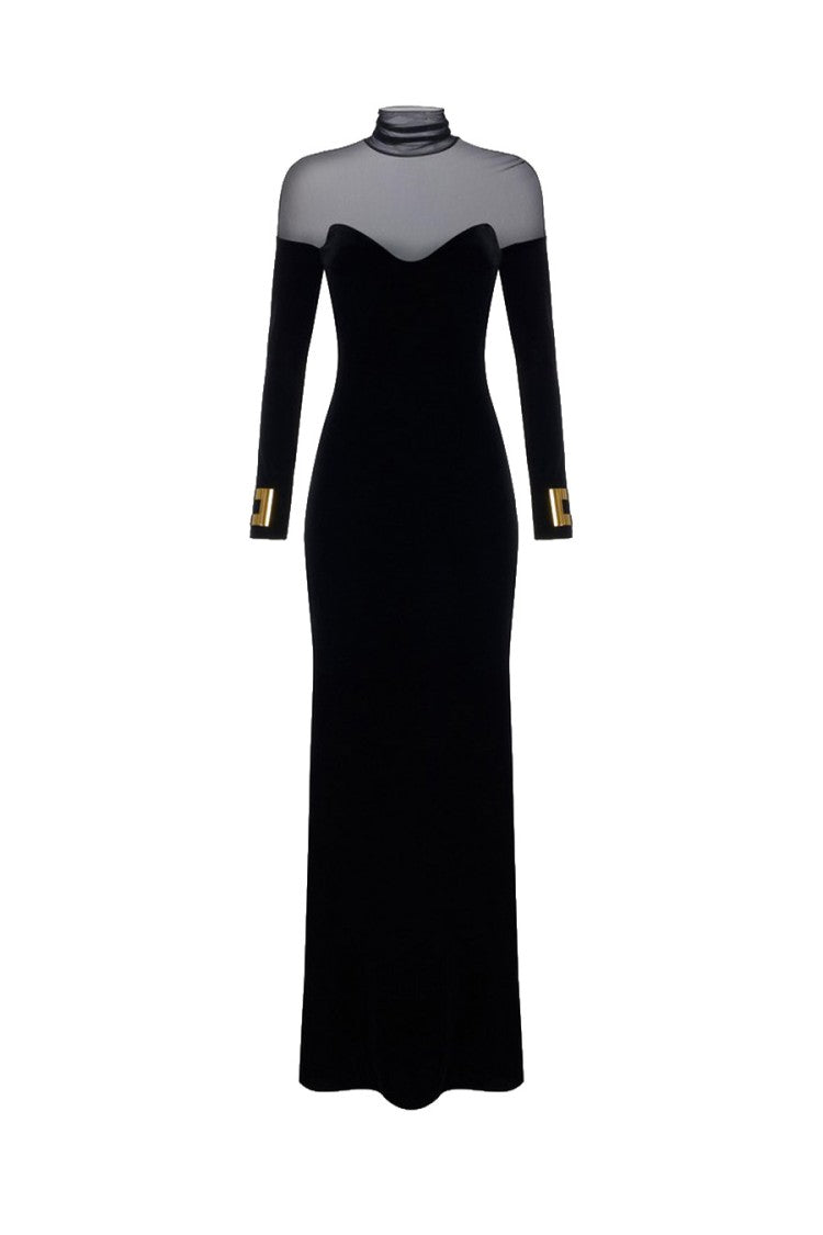 Elisabetta Franchi Black Polyester-Elastane Blend Sheer-Yoke Velvet Dress