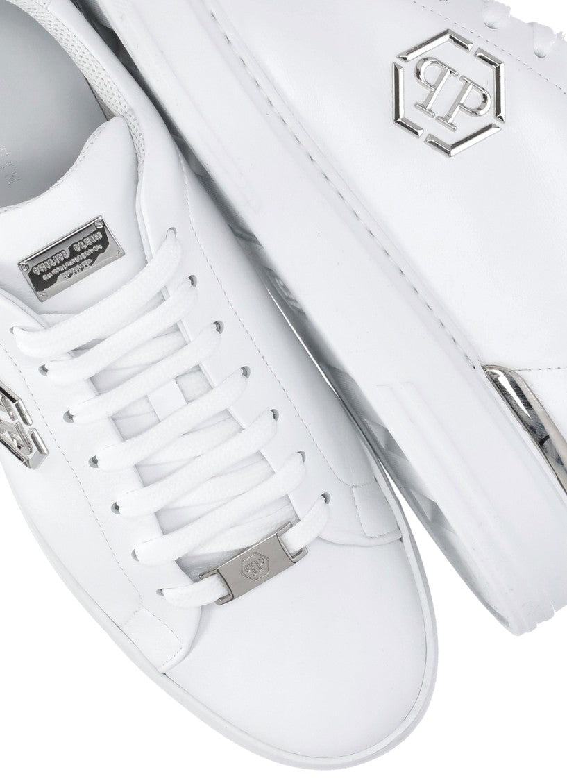 Philipp Plein White Hexagon Leather Metal Detail Sneakers