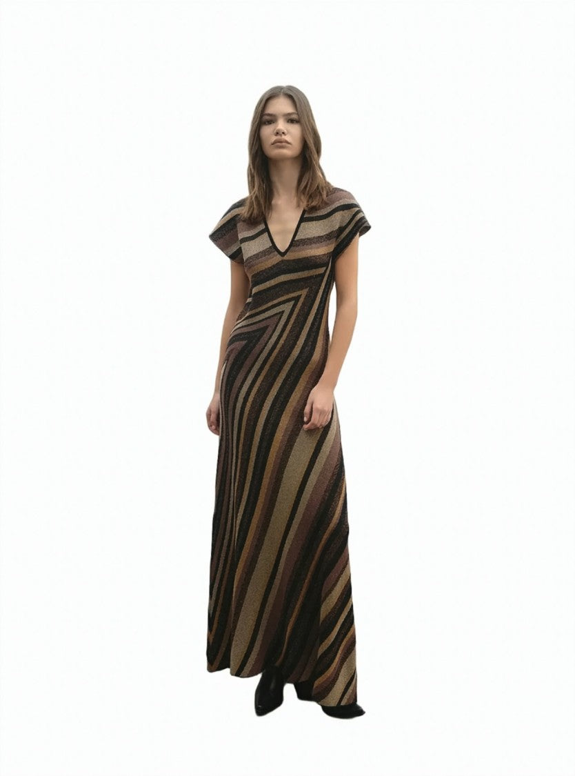 Akep Deep V-Neck Diagonal Striped Jacquard Maxi Dress