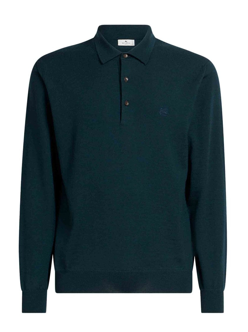 Etro Long-Sleeved Bottle Green Knit Polo Shirt