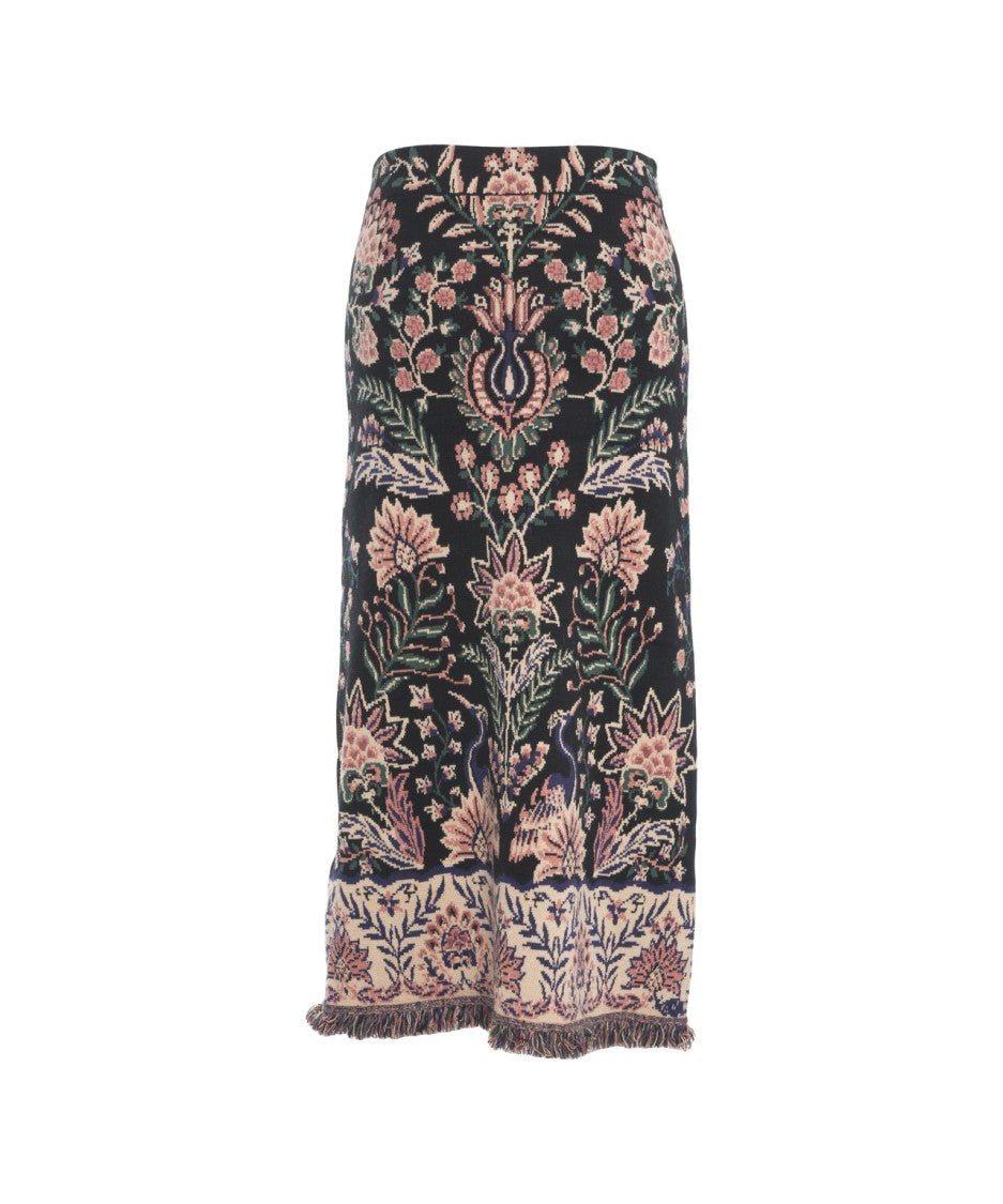 Farm Rio Intricately Patterned Midi Skirt With Fringe Trim