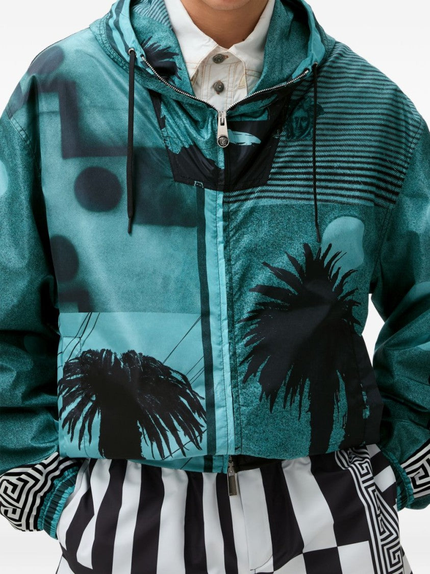 Versace Teal Abstract Palm Tree Print Zip Jacket