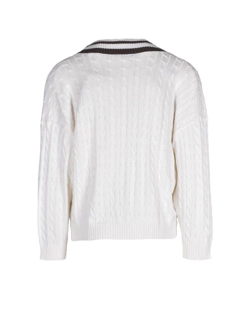 Brunello Cucinelli Short V-Neck Sweater With Cable Knit And Contrast Trim