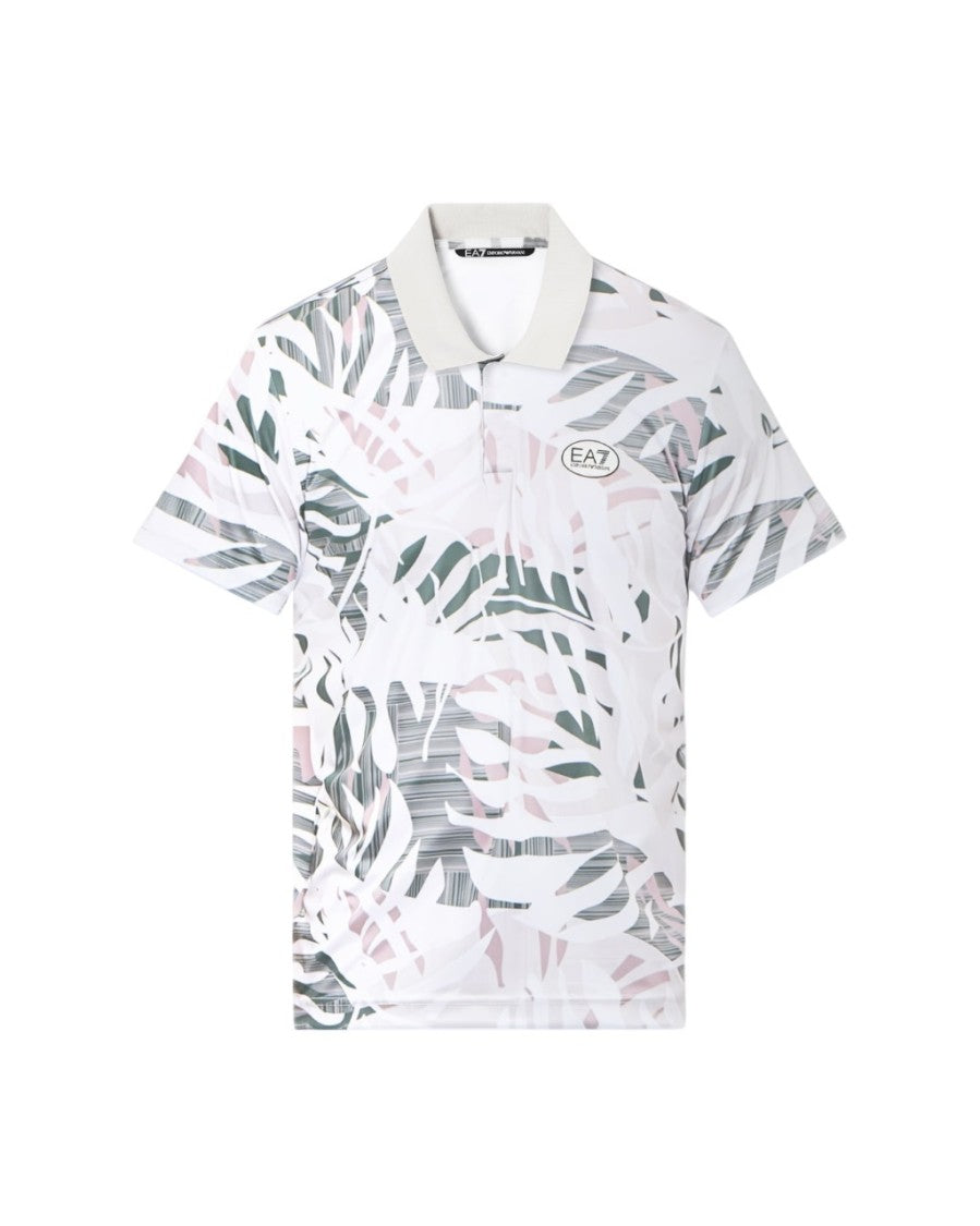 Ea7 Emporio Armani Multi-Color Abstract Leaf Pattern Polo Shirt