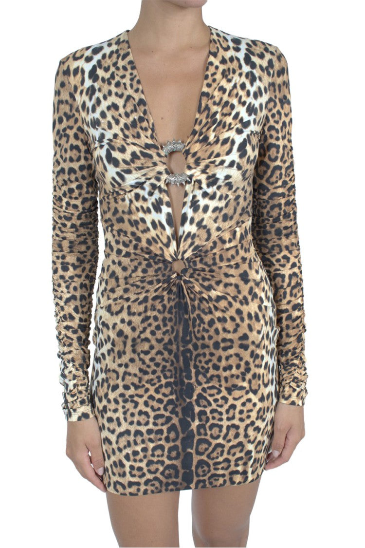 Roberto Cavalli Tan Leopard-Print Plunging Polyamide-Blend Mini Dress