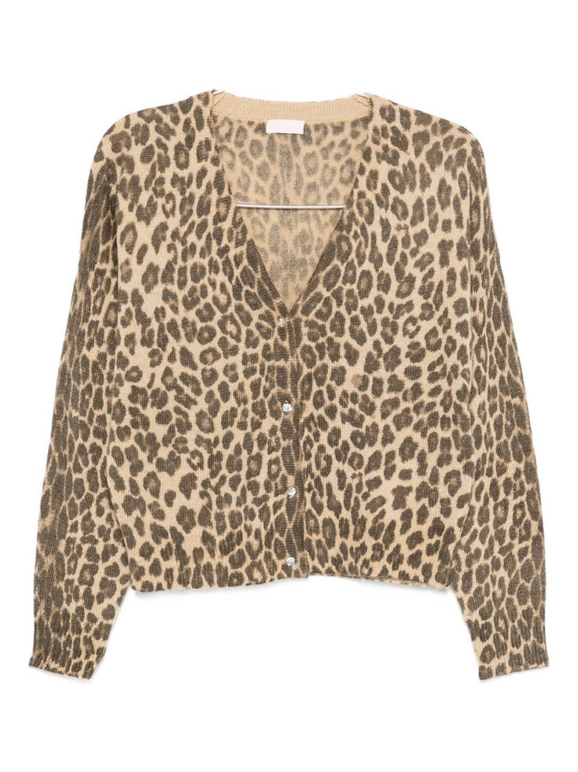 Liu Jo Cropped Leopard Print Knit Sweater With V-Neck