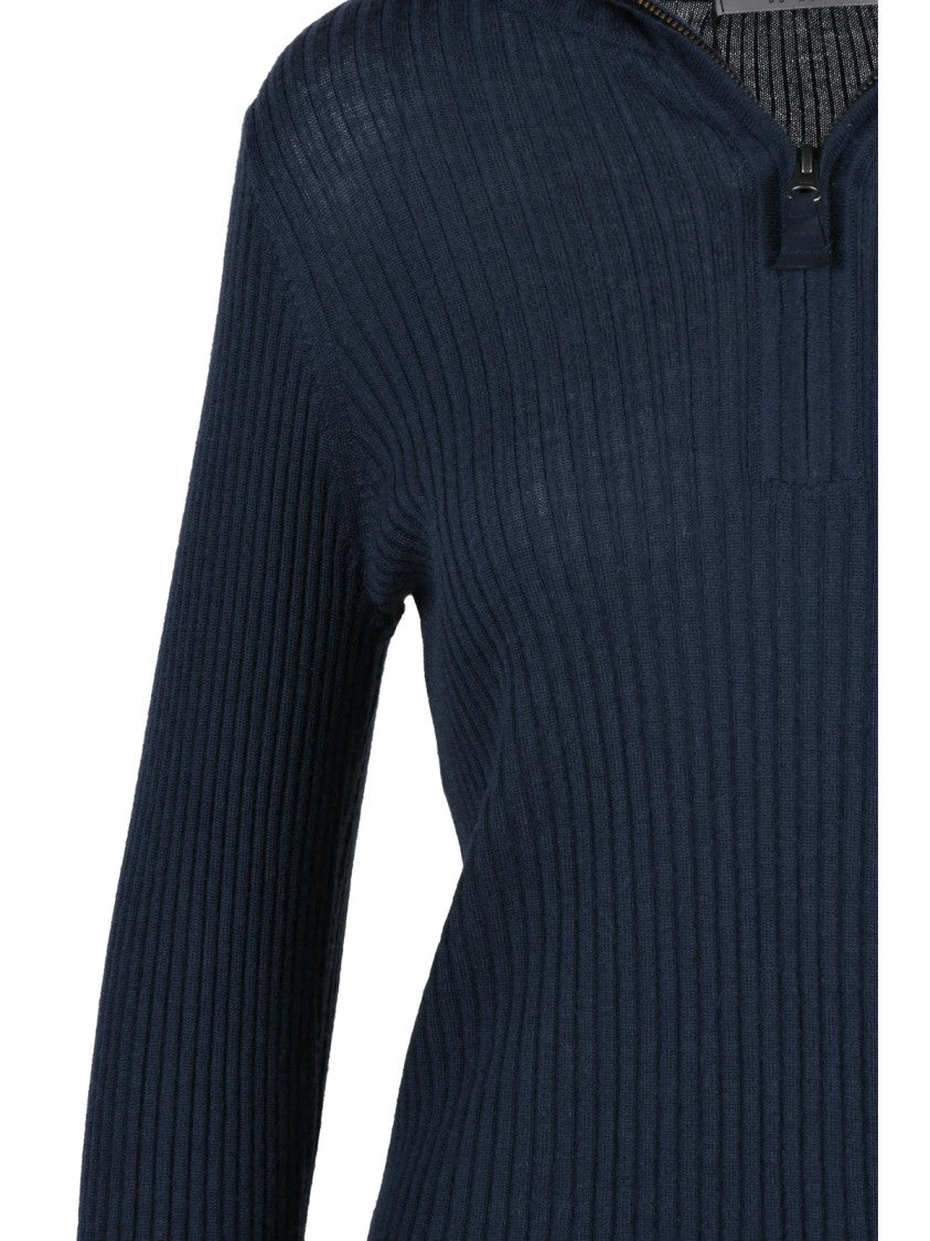 Kristensen Du Nord Blue Ribbed Zip-Neck Cashmere-Merino Sweater