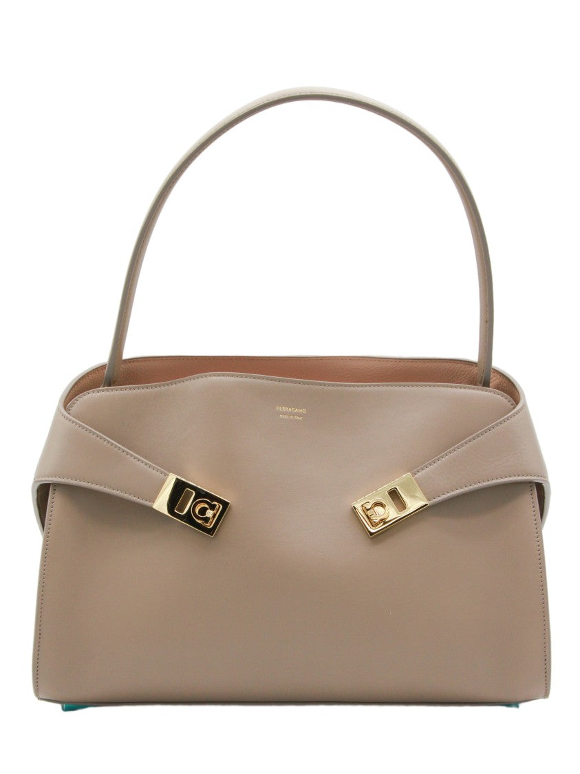 Ferragamo Structured Taupe Leather Handbag With Gold-Tone Accents