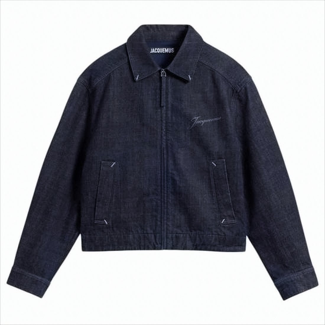 Jacquemus Dark Indigo Denim Jacket With Front Zipper And Logo