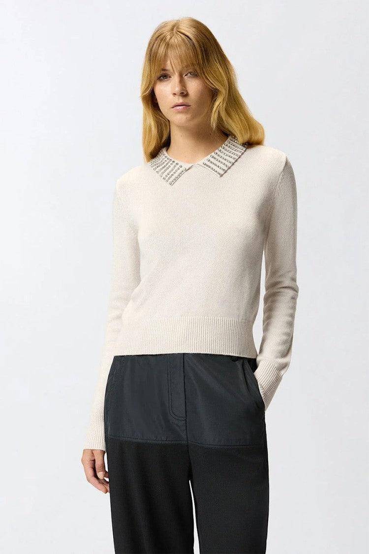Pinko Ivory Crystal-Embellished Nylon-Blend Sweater
