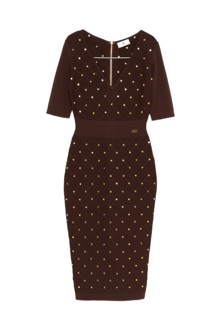 Elisabetta Franchi Brown Gold-Stud Geometric Embellished Viscose-Blend Midi Dress