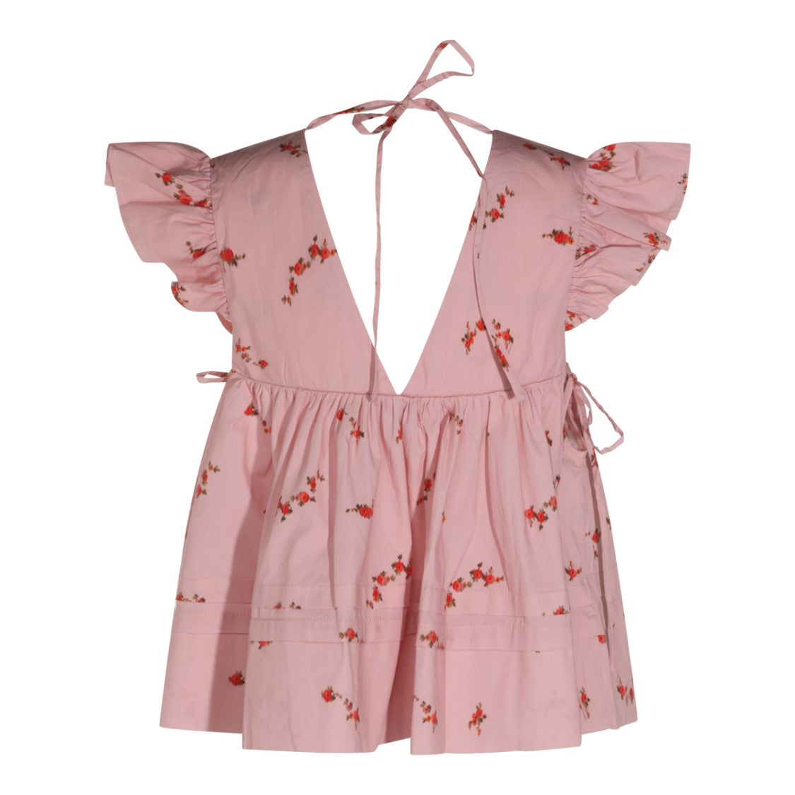 Ganni Pink-Red Ruched Sleeves Stretch Cotton Top
