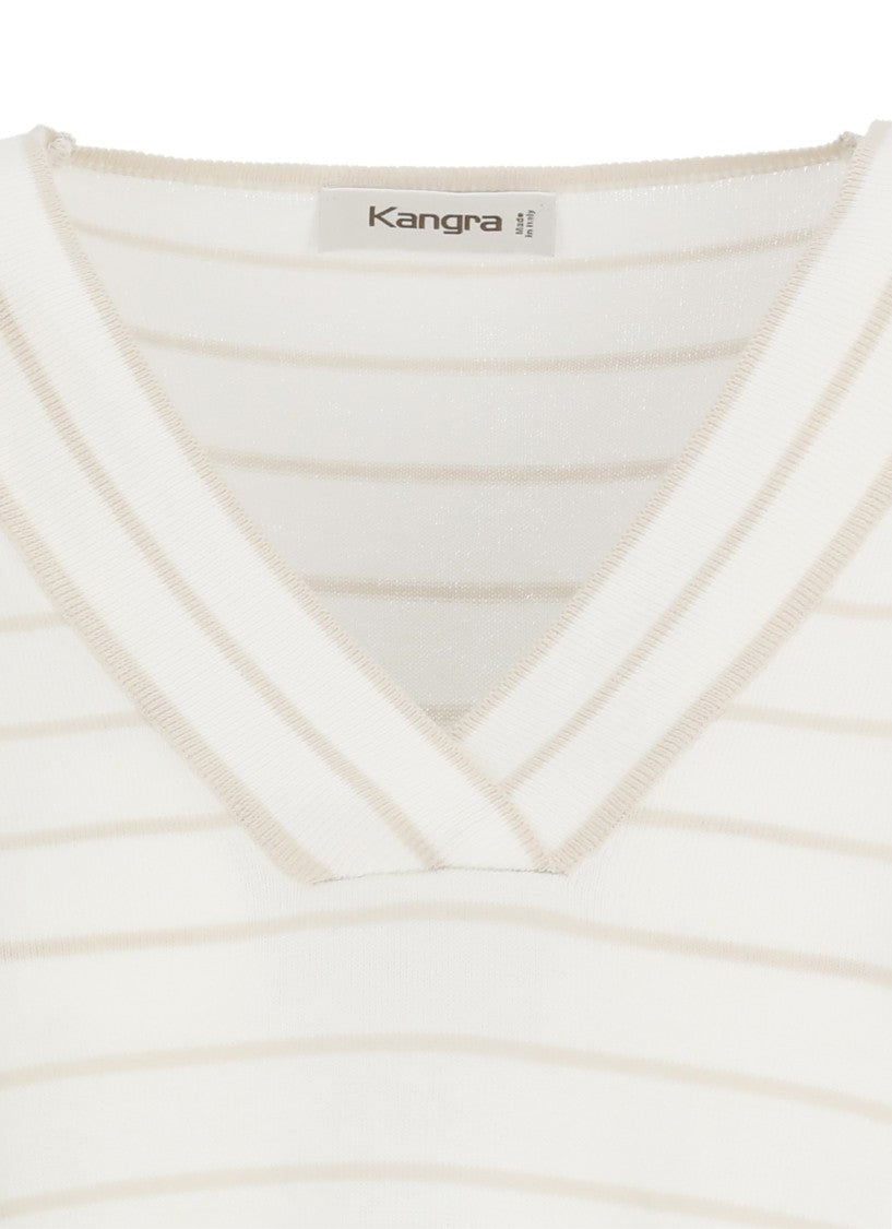 Kangra White Striped Cotton Short-Sleeved Top