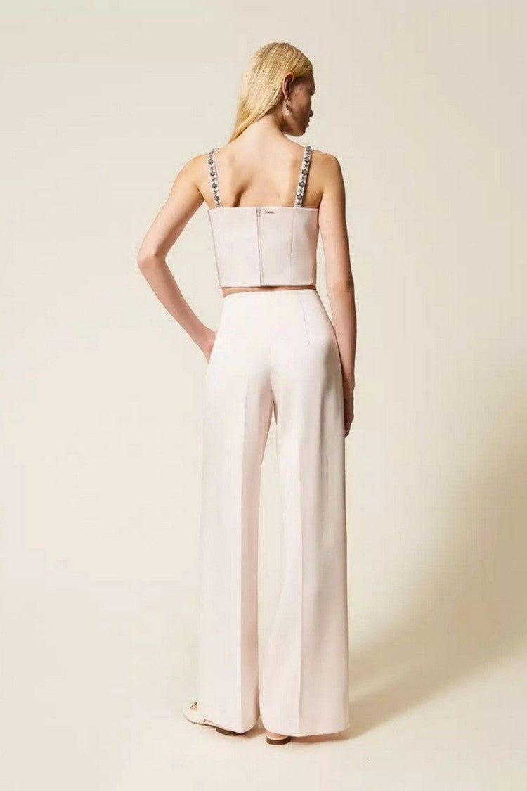 Twin-Set Sand Polyester-Viscose Pleated Wide-Leg Trousers
