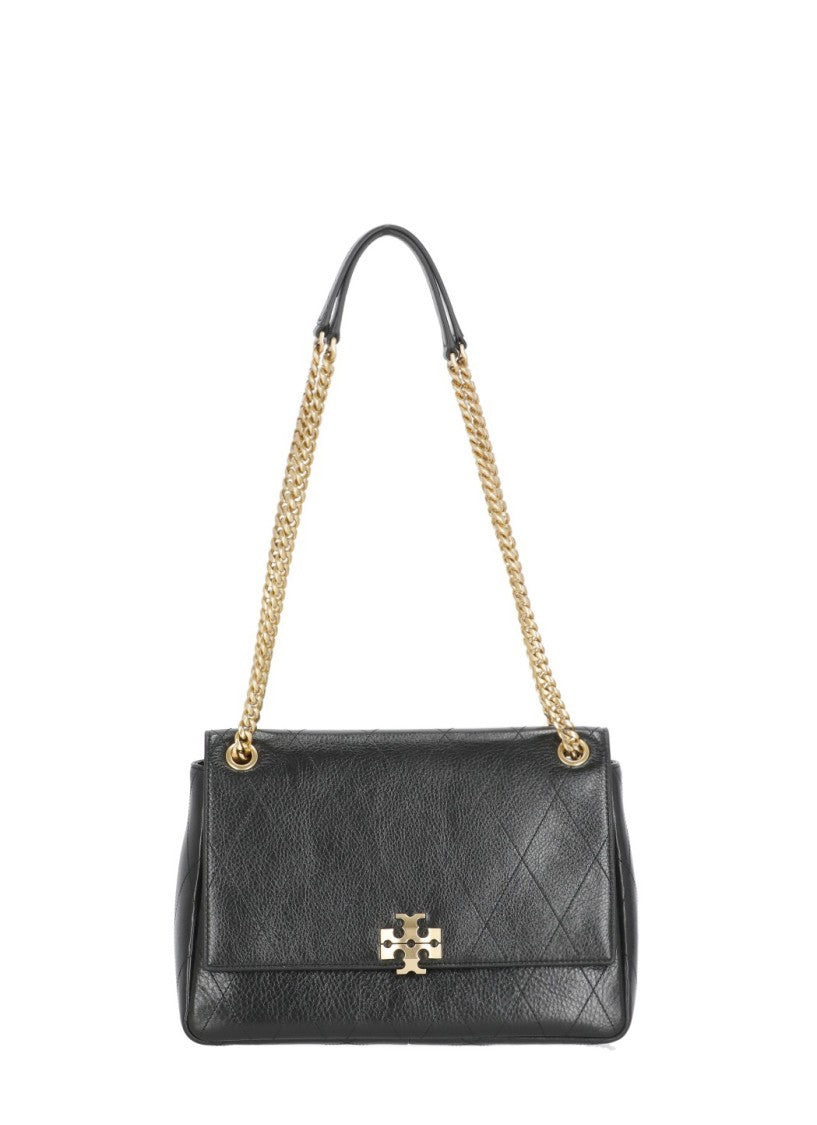 Tory Burch Black Quilted Leather Gold Logo Shoulder Bag