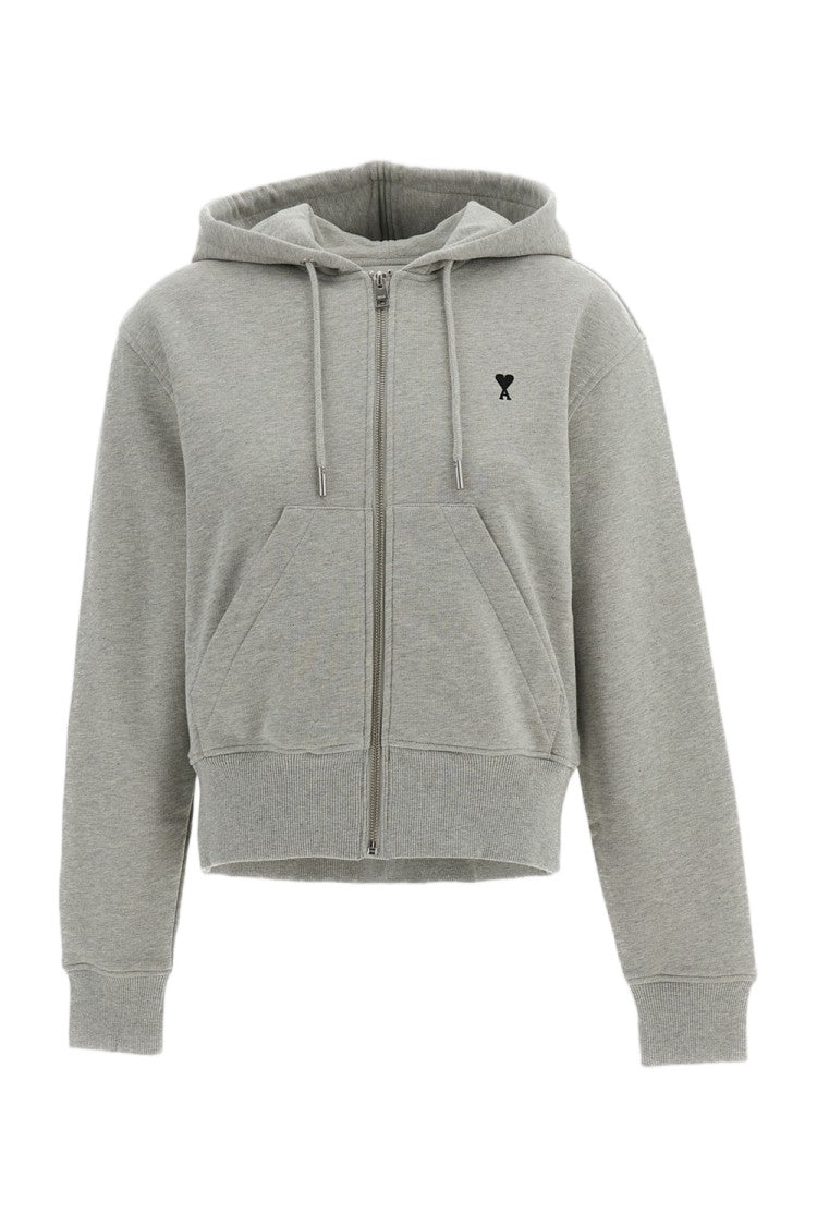 Ami Paris Grey Zipped Loopback Cotton Hoodie