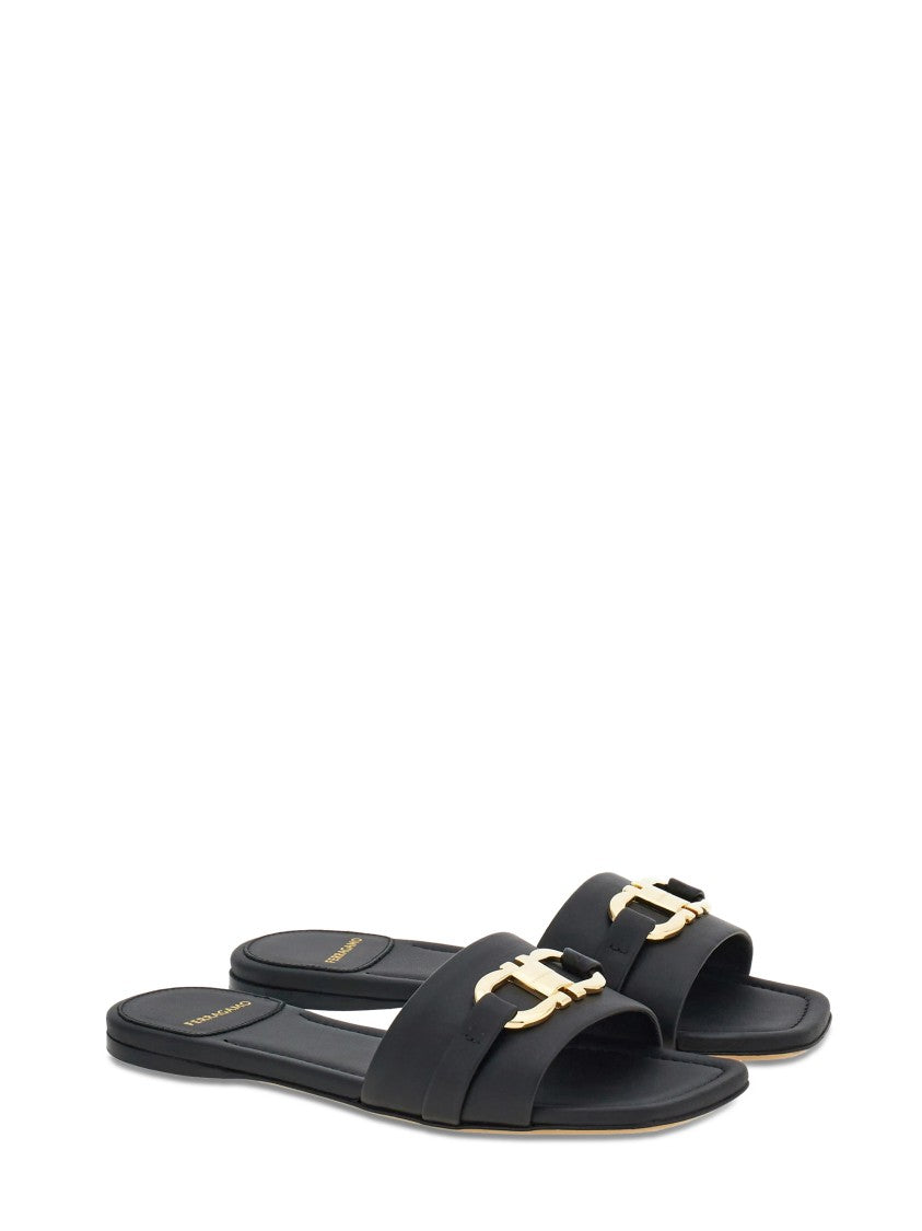 Ferragamo Square Toe Black Sandals With Gold-Tone Buckle