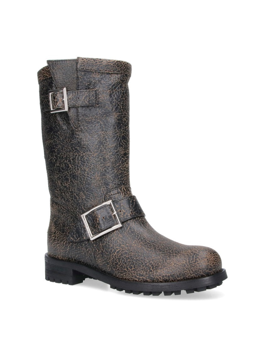 Jimmy Choo Distressed Leather Mid-Calf Boots With Silver-Tone Buckles