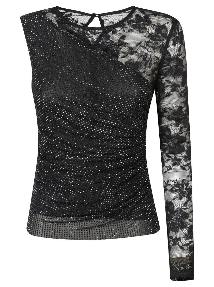 Self-Portrait Asymmetrical Black Top With Lace And Fitted Fabric