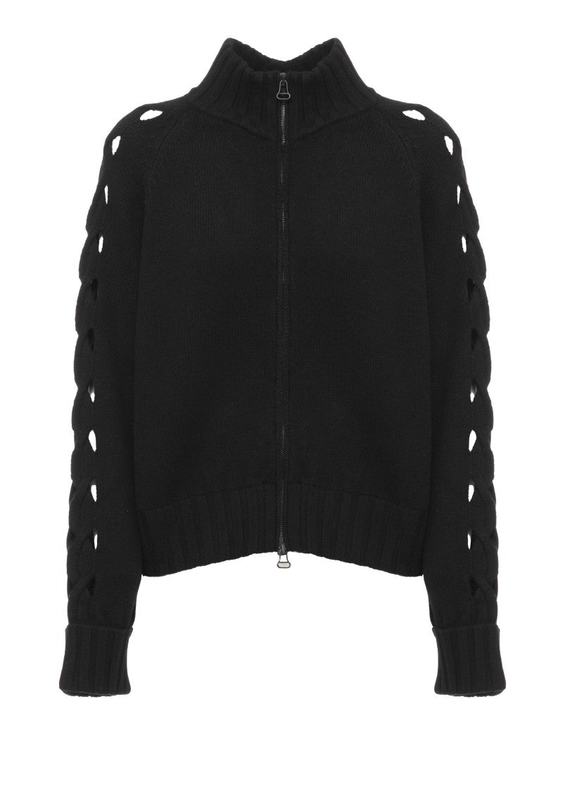 D. Exterior Black High Neck Cut-Out Wool-Cashmere Cardigan