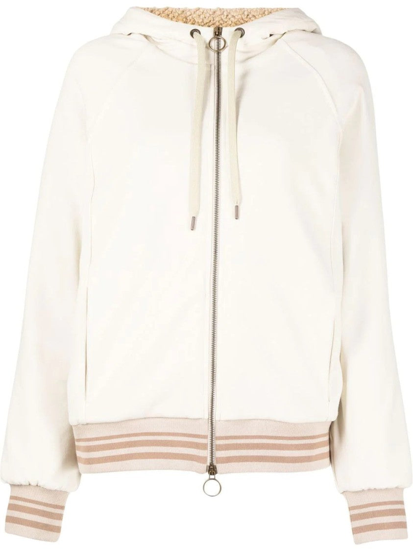 Eleventy Textured Light Beige Full Zip Sweatshirt With Drawstring Hood