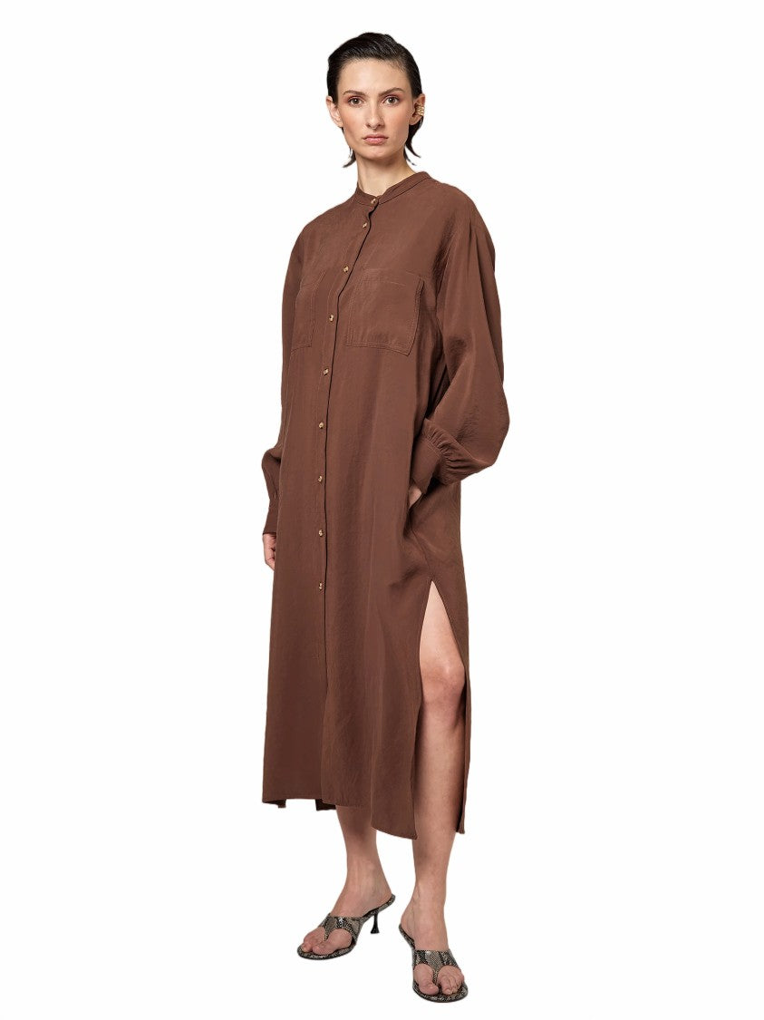 Alpha Studio Mandarin Collar Button-Down Midi Shirt Dress