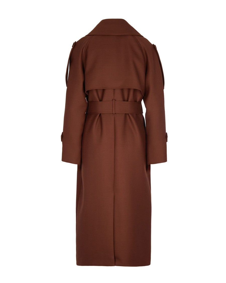 Patrizia Pepe Brown Wool Blend Trench Coat With Belted Waist