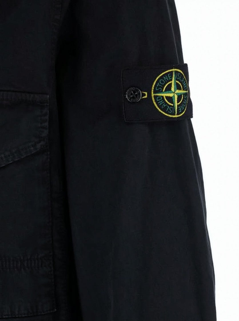 Stone Island Black Casual Jacket With Classic Collar And Signature Patch