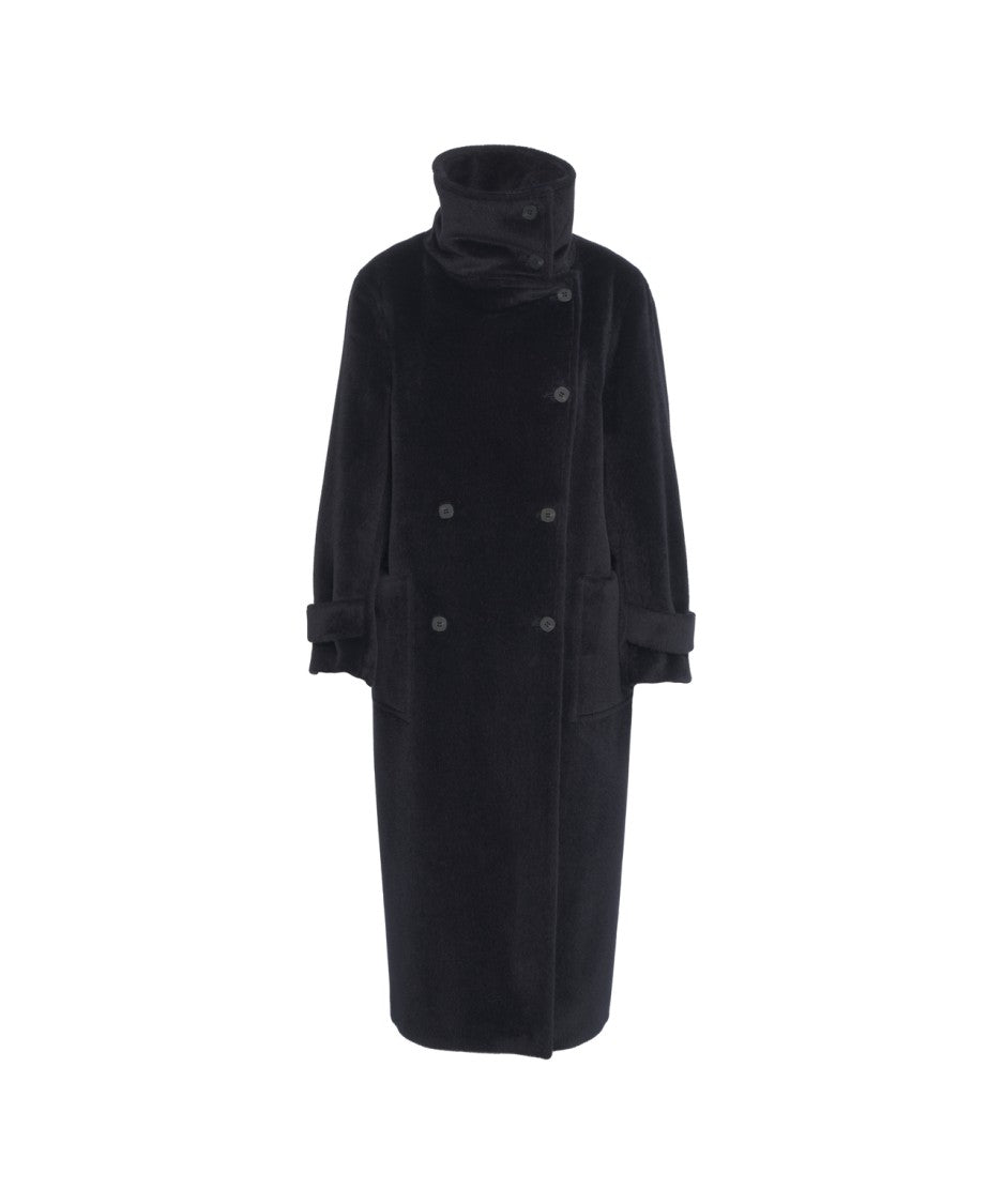 Breras Blue Alpaca Blend Long Coat With Double-Breasted Closure