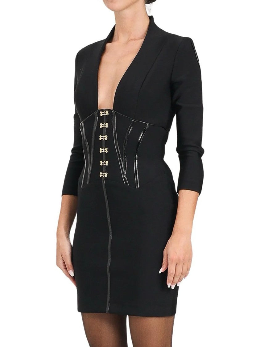 Elisabetta Franchi Form-Fitting Black Mini Dress With Corset Detail And Gold Hardware