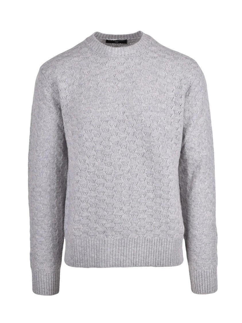 Daniele Fiesoli Perforated Grey Crew Neck Sweater In Fine Merino Wool And Cashmere Blend