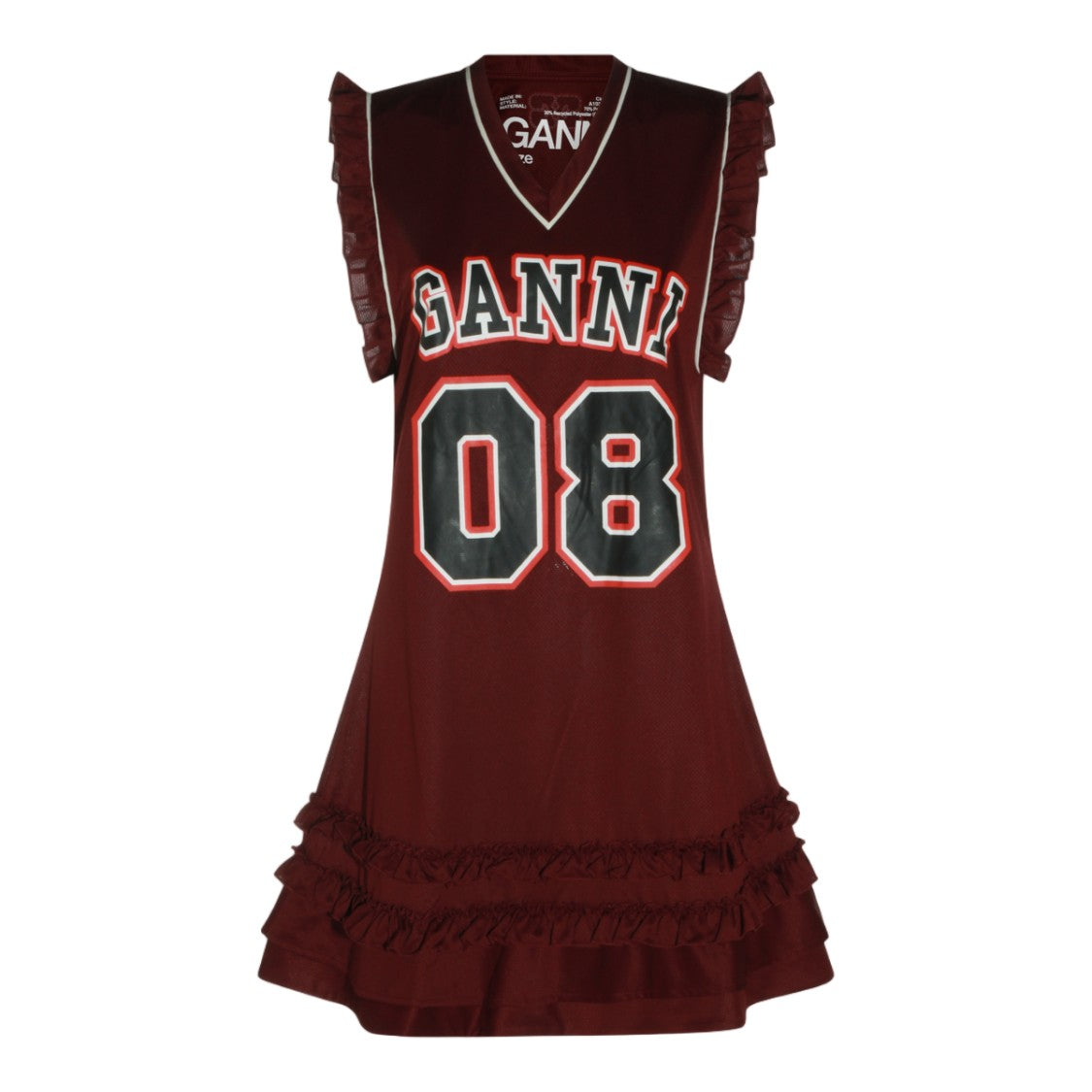 Ganni Deep V-Neck Dress With Ruffled Trim And Bold Graphics