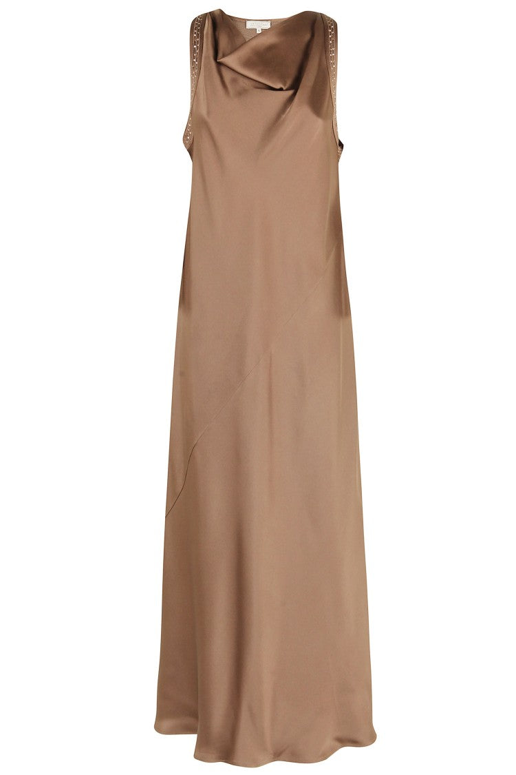Antonelli Walnut Acetate-Blend Shawl Neckline Sequin Trim Maxi Dress