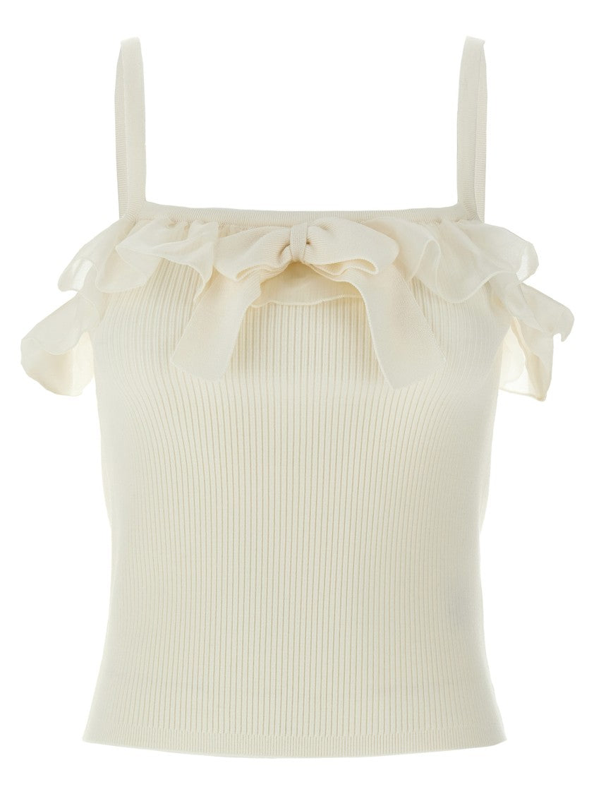 Alessandra Rich Ribbed Crop Top With Square Neckline And Ruffle Details