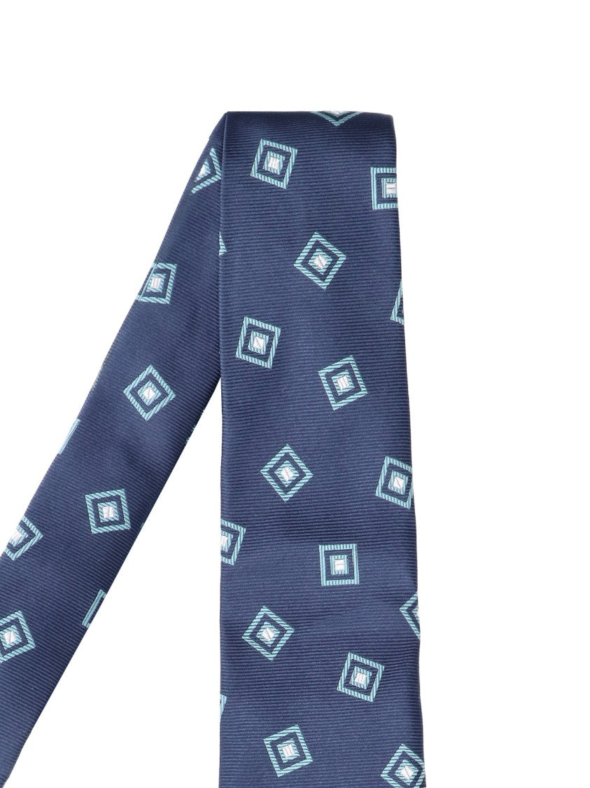 Cesare Attolini Deep Blue Geometric Pattern Silk Necktie